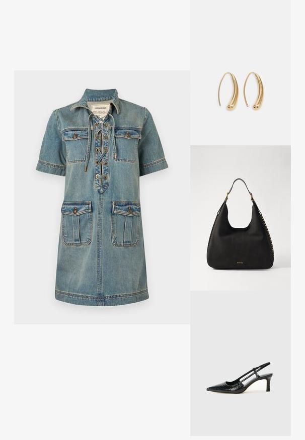 Jasnoniebieska sukienka dżinsowa z kołnierzykiem, krótkimi rękawami, sznurowanym przodem i dwoma kieszeniami na piersi. Posiada ozdobne szwy i złote elementy.; Czarne lakierowane czółenka na obcasie typu slingback z wąskim noskiem, z teksturowanym wzorem wężowym, regulowanym paskiem oraz krótkim, teksturowanym obcasem w kształcie słupka.; MICHAEL Michael Kors NOLITA czarny; Złote metalowe kolczyki w kształcie obręczy o zakrzywionym, wydłużonym kształcie. Posiadają gładką, błyszczącą powierzchnię oraz zaokrąglony koniec dla dodatkowego efektu.