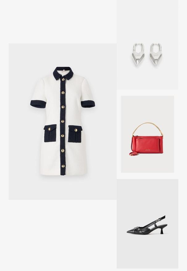 Kratka obleka s kratkimi rokavi iz bele teksturirane tkanine z mornarsko modrim ovratnikom, gumbi in žepi. Ima zlate gumbe kot akcent in kontrastne žepe.; Črne usnjene sandale središnje zaponke z ostro konico, okrasnimi trakovi z kovinskimi očesi in nizko blokasto peto. Teksturirana površina.; Rdeča usnjena torbica z zloženim zaključkom, zlato verigo in trak, sprednja žepna zadrga ter izdelek z embosiranim logotipom. Kompaktna in strukturirana zasnova.; Srebrni ključavnice v obliki srca z vgraviranima besedama "DA" in "NE", s poliranim zaključkom, simetričnim dizajnom in robustnim kovinskim nosilcem.