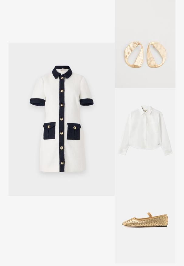 Krátké šaty z bílé strukturované látky s námořnickým límcem, knoflíky a kapsami. Obsahují zlaté detaily knoflíků a kontrastní kapsy.; Bílá zkrácená košile s dlouhým rukávem vyrobená z bavlny. Má zapínání na knoflíky vpředu, náprsní kapsu a malé černé logo na dolním levém rohu.; Loeffler Randall LEONIE SOFT BALLET FLAT - Baleríny s páskem - gold; Pár nepravidelných oválných náušnic z kovu pozlaceného zlatem s texturovaným, mírně kladivkovým povrchem na bílém pozadí.