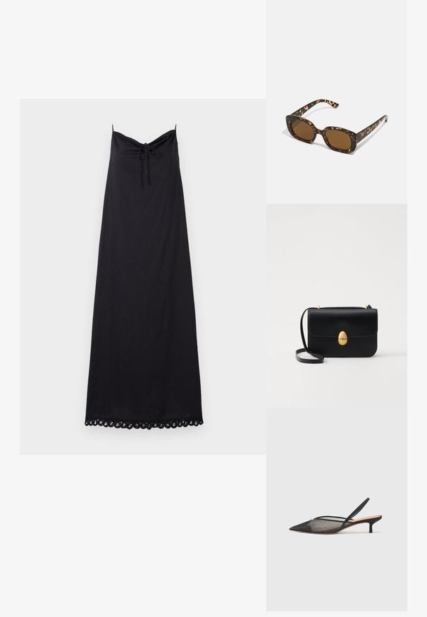 Rochie neagră fără mâneci, cu un decolteu plisat și detaliu cu legare; prezintă o margine din dantelă la tiv, fiind fabricată dintr-un material ușor.; NEOUS IRENA - Pantofi clasici cu toc - black; Ochelari de soare cu chelă de broască țestoasă, având un cadru rotund și voluminos, cu lentile maro. Prezintă modele subtile și brațe drepte, conice.; Geantă de mână din piele neagră, cu o formă rectangulară structurată. Are un capac oval auriu și o curea subțire pentru umăr. Textură netedă.