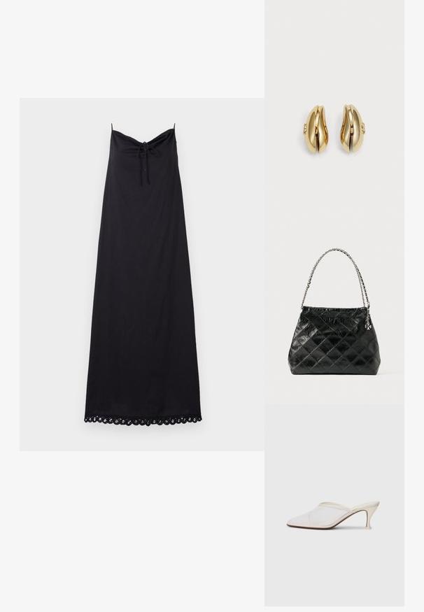 Melna bez piedurknēm kleita ar savilktu kakla izgriezumu un sasienamu detaļu; ar mežģīņu apdari uz apakšmalas, izgatavota no viegla auduma.; Baltas austs punka purngals mūlis ar šauru vidēji augstu papēdi un uzvelkamu dizainu uz vienkārša fona.; Melnas šūtas ādas rokassomas ar sudraba krāsas ķēdes rokturi, tai ir strukturēts dizains un gluda tekstūra.; Zelta tonis auskari ar plūstošu, izliekta dizaina formu. Katrs auskar ir ar gludu virsmu un nelielu aizdari ar dekoratīvu detaļu.