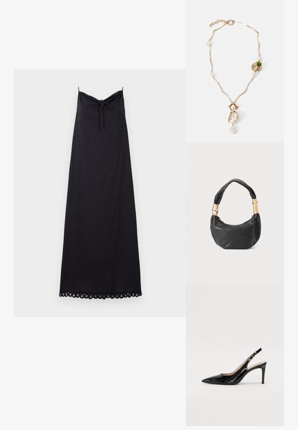 Fekete ujjatlan ruha begyűjtött nyakkivágással és megkötős részlettel; csipkével díszített szegéllyel rendelkezik, könnyű anyagból készült.; Fekete lakk bőr kötött magassarkú cipő, hegyes orral és karcsú sarokkal, finom kivágásos dizájnnal. Az övön arany csatt található.; Fekete bőr kézitáska kerek formával, puha textúrával és csomózott fogantyúval, aranyszínű fém díszítéssel. Cipzáras záródás.; Arany színű nyaklánc csavart láncszemekkel, fehér gyöngyökkel és zöld kő díszítéssel. Bonyolult részletekkel rendelkezik, és zárómechanizmussal van ellátva.