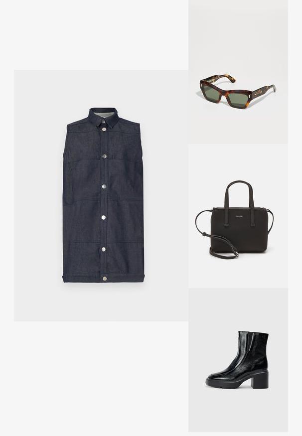 Tumši zila džinsu veste ar apkakli, priekšējo pogu aizdari un plakaniem kabatām. Gluda tekstūra ar redzamām šuvju rakstiem.; Melnas lakotas ādas potītes zābaki ar izliekto purngalu, elastīgām sānu paneļiem un masīvu blokveida papēdi. Aizmugurē ir izsistā logo.; Tortīšu sarkstainas saulesbrilles ar taisnstūra zaļām lēcām. Bieza rāmja dizainā ir zelta akcenti uz tempļiem. Gluda tekstūra un stūrains dizains.; Melns roku soma ar divām īsām rokturiem un noņemamu plecu siksnu. Gluda ādas līdzīga materiāla ar rāvējslēdzēja aizdari un logos detaļu.