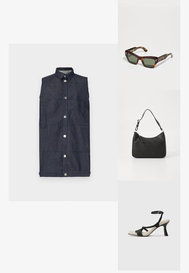 Tumed sinine teksavest, millel on kraega kaelus, ees nupuga suleke ja lapilised taskud. Sile tekstuur koos nähtavate õmblusmustritega.; Mustad musta kontsaga sandaal, millel on punutud rihma disain, ruudukujuline varvas ja reguleeritav pahkluu rihm. Heleda beeži värvi jalapadi ja läikiv must konts.; Kilimustad päikseprillid ristküliku kuju roheliste läätsedega. Paks raam, millel on kuldsed aktsendid templites. Sile tekstuur ja nurgeline disain.; Must musta käekott, millel on kumer kuju, üks rihm, lukuga sulgemine ja peen brändimine esiküljel. Sile tekstuur, minimalistlik disain.