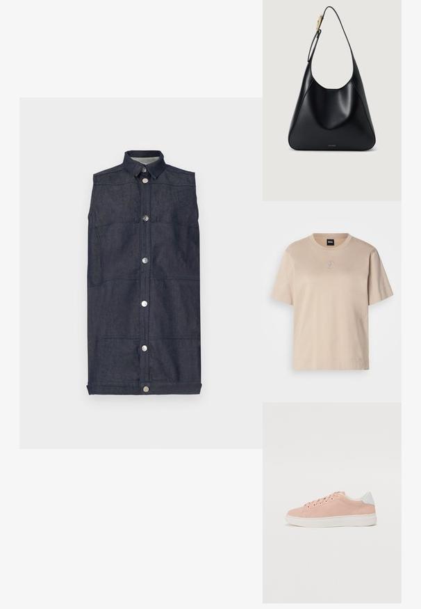 Gilet en denim bleu foncé, avec un col, fermeture à boutons sur le devant et poches à plat. Texture lisse avec des motifs de couture visibles.; T-shirt en coton beige à manches courtes avec un col rond et un petit logo "B" brodé en superposition au centre devant.; Baskets en suede rose clair avec semelle en caoutchouc blanche, bout rond et accent de talon blanc. Dotées de lacets plats et d'une branding minimaliste sur le côté.; Sac à épaule en cuir noir avec une texture lisse, une silhouette incurvée et un accent en métal doré. Présente un logo de marque en relief à la base.