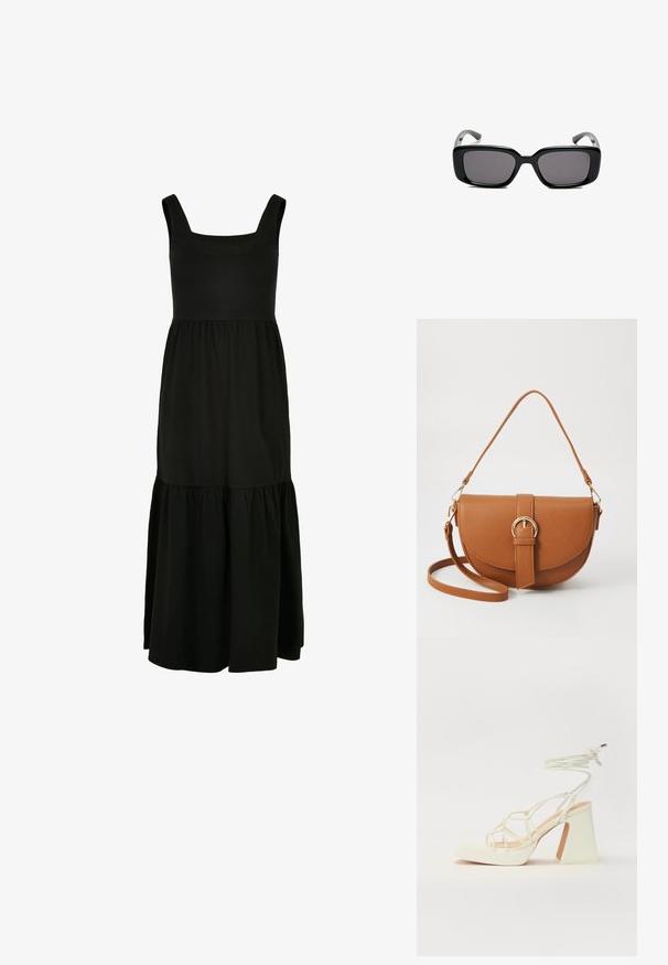 Czarna maxi sukienka z kwadratowym dekoltem, bez rękawów i falbaną na dole. Wykonana z miękkiego materiału dla komfortu.; Biała sandał na wysokim obcasie z masywnym słupkiem, z paskowym wzorem i wiązaniem przy kostce. Gładka faktura z platformą z przodu dla dodatkowej wysokości.; Czarne prostokątne okulary przeciwsłoneczne z ciemnymi soczewkami, gładką plastikową ramką i wygiętymi zausznikami. Projekt jest masywny, o minimalistycznej estetyce.; Brązowa skórzana torba na ramię o zaokrąglonym kształcie, ze złotymi akcentami i zapięciem w formie klamry. Posiada odpinany pasek na ramię.