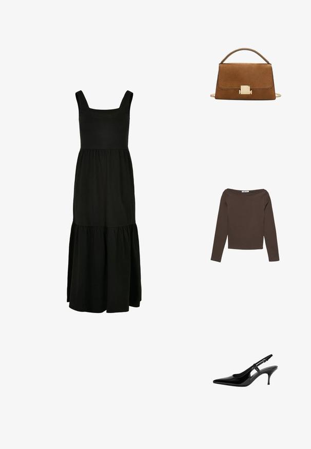 Musta maksimekko, jossa on neliönmuotoinen pääntie, ilman hihoja ja kerroksellinen röyhelöhelma. Valmistettu pehmeästä kankaasta mukavuutta varten.; Ruskea pitkähihaisen topin, joka on valmistettu pehmeästä kankaasta. Siinä on olkapäät paljastava muotoilu ja vartalonmyötäinen siluetti kaarevalla pääntiellä.; Musta lakattu nahkainen slingback-korkokenkä teräväkärkisellä, avonaisilla sivurei'illä, kapealla korolla ja säädettävällä nilkkahihnalla.; Ruskea mokkanahkainen käsilaukku, jossa on kultainen neliönmuotoinen solki, yläkahva ja ketjuhihna. Ominaisuuksia ovat suorakaiteen muoto ja pyöristetyt reunat.