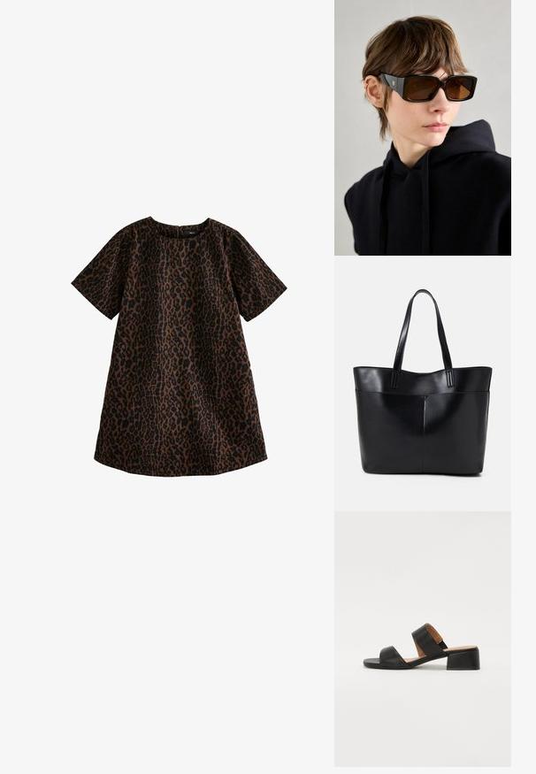 Leopardi-kuosiset mekko ruskeana ja mustana. Lyhyet hihat, pyöreä kaula-aukko, rento malli, polvipituisuus, puuvillamateriaali, jossa on sileä rakenne.; Mustat nahka-sandaalit, joissa on kaksi leveää remmiä jalan yli, neliön muotoinen kärki ja matala lohko korko. Sujuva pinta ja minimalismi.; Mustat ylipitkät aurinkolasit kiiltävällä pinnalla, suorakulmainen muoto, ruskeat sävytetyt linssit ja kultainen logo yksityiskohta temppeleissä.; Musta nahkainen kassi, jossa on kaksi pitkää kahvaa, sileä pinta ja jämäkkä muoto. Sisältää etutaskun lisävarastointia varten.