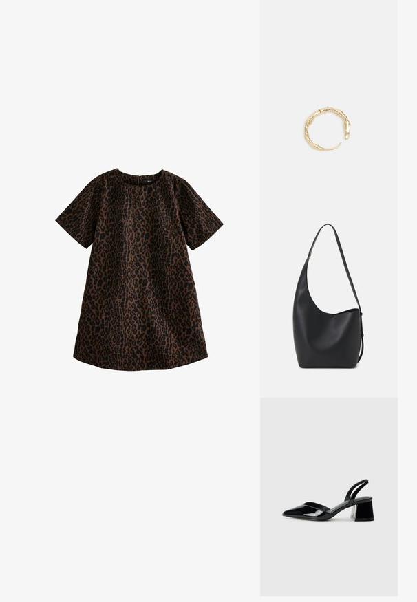 Oblačilo z leopardjim vzorcem v rjavi in črni barvi. Kratki rokavi, okroglo izrez, ohlapen kroj, dolžina do kolen, bombažni material z gladko teksturo.; Črne lakirane slingback pete s koničastim nosom in geometrijsko blokasto peto. Imajo eleganten, minimalističen dizajn in gladko teksturo.; Črna usnjena hobo torba z gladko teksturo, ukrivljeno obliko in eno nastavljivo naramnico; ima širok odprtina na vrhu.; Zlati prstan s organskim, zvitim dizajnom, gladko površino in taperiranimi konci, ki ustvarja modernega, skulpturalnega videza.
