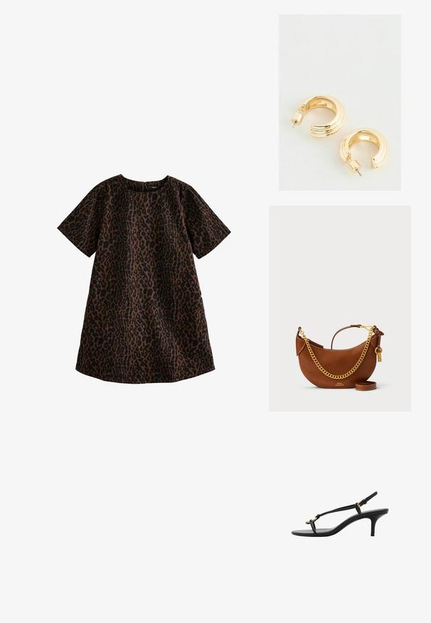 Leopardi-kuosiset mekko ruskeana ja mustana. Lyhyet hihat, pyöreä kaula-aukko, rento malli, polvipituisuus, puuvillamateriaali, jossa on sileä rakenne.; Mustat nahkakengät, joissa on kissankorko, ohuet hihnat, kultainen solki ja minimalistinen varvaslenkki valkoisella taustalla.; Ruskea nahkakäsilaukku, jossa on kaareva muotoilu, kultaketjuhihna, sisätasku ja irrotettava olkahihna. Ominaisuuksina on kontrastivärinen ommel.; Kultaketjuhoop-korvakorut kiiltävällä pinnalla, joissa on uritettu muotoilu ja nappikiinnitys. Pyöreä, muhkea muoto.