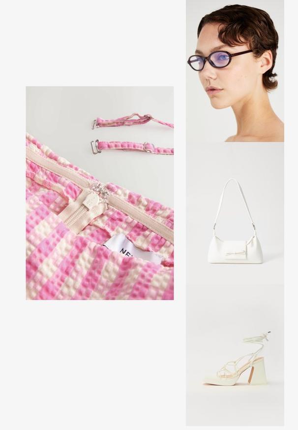 Ružová a béžová kockovaná látka s textúrovaným vzorom, s uzatváraním na zips a nastaviteľnými popruhmi s kovovým hardvérom. Značka viditeľná.; Biele sandále na vysokom opätku s hrubým podpätkom, s pruhovaným dizajnom a viazaním na členku. Hladký povrch s platformou vpredu pre zvýšenú výšku.; Hnedé okuliare s oválnym rámom a priehľadnými fialovými šošovkami; elegantný dizajn a hladká textúra. Nosí ich osoba s krátkymi vlnitými vlasmi.; Biela syntetická kabelka s trojuholníkovým tvarom, plochým predným klapkou a detailom mašle, nastaviteľným popruhom, hladkou textúrou a minimalistickým dizajnom.