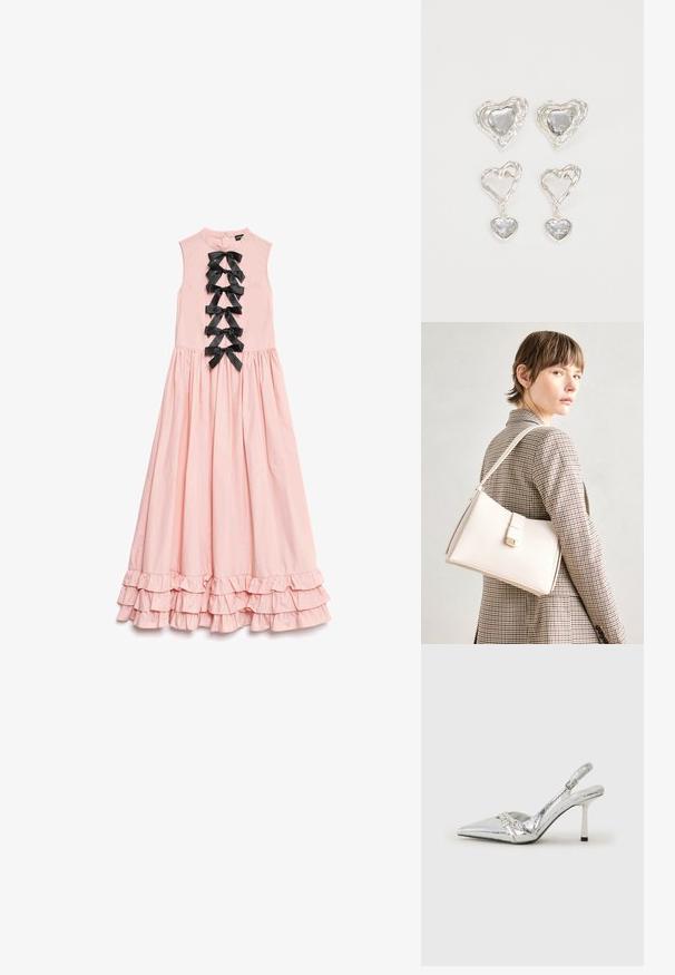 Vestido longo rosa com design sem mangas, apresentando uma barra com babados e sete laços de cetim pretos na parte da frente para decoração.; Sapato de salto alto slingback prateado com bico fino, acabamento metálico, duas correias decorativas e um salto esbelto com ponta preta.; Bolsa de mão em couro branco com um design estruturado, apresentando um fecho magnético e uma alça de ombro, exibida sobre um fundo neutro.; Os brincos em forma de coração prateados apresentam pedras claras facetadas, com uma moldura texturizada. O conjunto inclui estilos de botão e de gota.