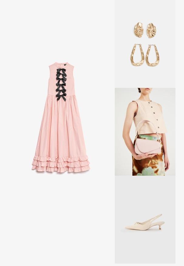 Rochie lungă roz, cu un design fără mâneci, având un tiv ondulat și șapte funde din satin negru pe față pentru decorare.; Pantofi slingback cu vârful ascuțit, din piele albă murdară, cu un detaliu mic sub formă de fundiță și un toc kitten mic. Textură netedă, design minimalist.; Geantă de piele roz cu clapetă curbată, curea simplă pentru umăr și linii curate. Geanta prezintă o textură netedă și un design minimalistic.; Cercei aurii cu forme texturate și ondulate. Include studs sculpturale cu clip și un design de cerc deschis cu un finisaj cioplit.