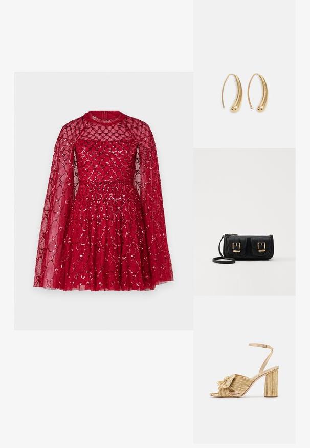 Sarkans kleita ar pieguļošu augumu un izplestu svārku, izgatavota no caurspīdīga materiāla ar dimanta rakstu un pērlītēm, ar garām kaptī levām.; Zelta papēža sandales ar mezglotu priekšpusi, plīšu tekstūru un potītes siksniņu. Bloku papēdis ir ar ribotu dizainu, kas uzlabo saķeri.; Melnas ādas crossbody soma ar divām priekšējām kabatām, zelta sprādzēm, ar rāvējslēdzēju aizdari un šauru siksnu. Strukturēta virsma un kompakta taisnstūra forma.; Zelta toņu metāla gredzena auskari ar izliektu, pagarinātu formu. Ar gludu, spīdīgu virsma un noapaļotu galu papildu detaļām.