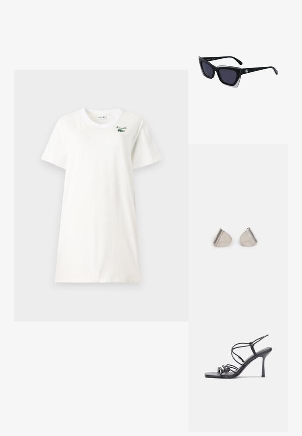 Biely bavlnený tričko s okrúhlym výstrihom, krátkymi rukávmi a zeleným logom Lacoste vyšitou na ľavej hrudi.; Čierne sandále na vysokom podpätku majú tenké remienky s uzlovým dizajnom, hladký štvorcový špičku a elegantný stiletto podpätok.; Čierne oversized slnečné okuliare s geometrickým tvarom, s tmavými šošovkami a kontrastným šedým detailom na ráme. Logo na mostíku.; Strieborné kovové náušnice s hladkým tvarom kvapky a lesklým povrchom. Jemné rytiny pridávajú detail. Minimalistický dizajn.
