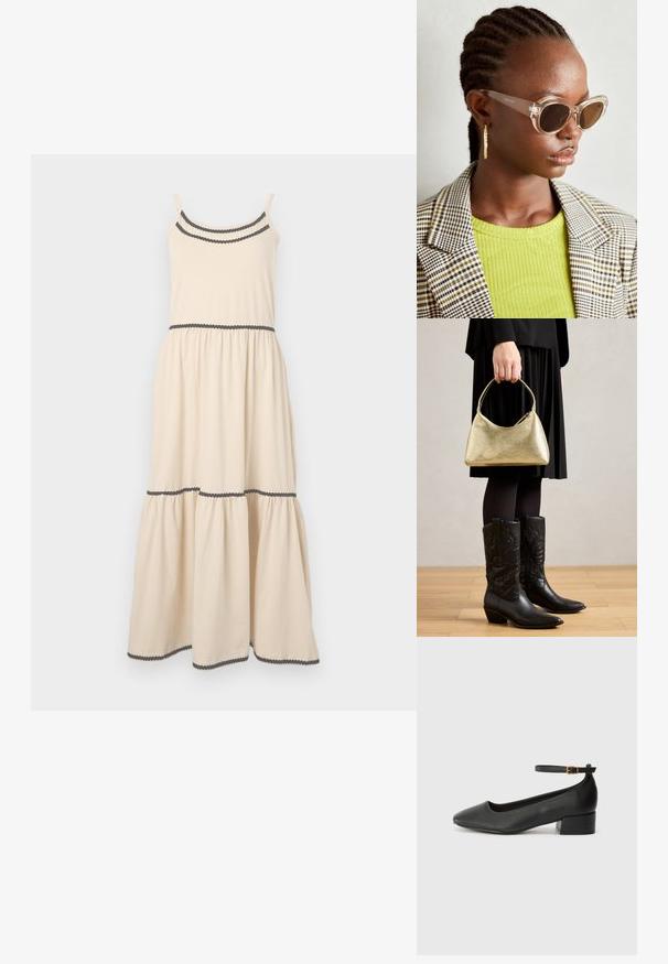 Svetlo bež maksi obleka s tankimi naramnicami, valovitim robom v temni barvi, z zategnjeno pasom in večplastnim dizajnom krila. Iz blenda bombaža.; Črne usnjene pumpice z nazobčanimi prsti in nizko blokasto peto. Imajo trak okoli gležnja z zaponko v zlatem tonu. Gladka tekstura.; Jasnočične sončne očala s svetlo rjavimi lečami in prozornim okvirjem. Model nosi zeleno rebrasto majico in karirasti blejzer. Zlati obročasti uhani.; Zlati torbica z strukturo in ukrivljeno obliko ter kratko ročico, jo drži oseba v črnem nabranem krilu in črnih usnjenih kavbojkah.