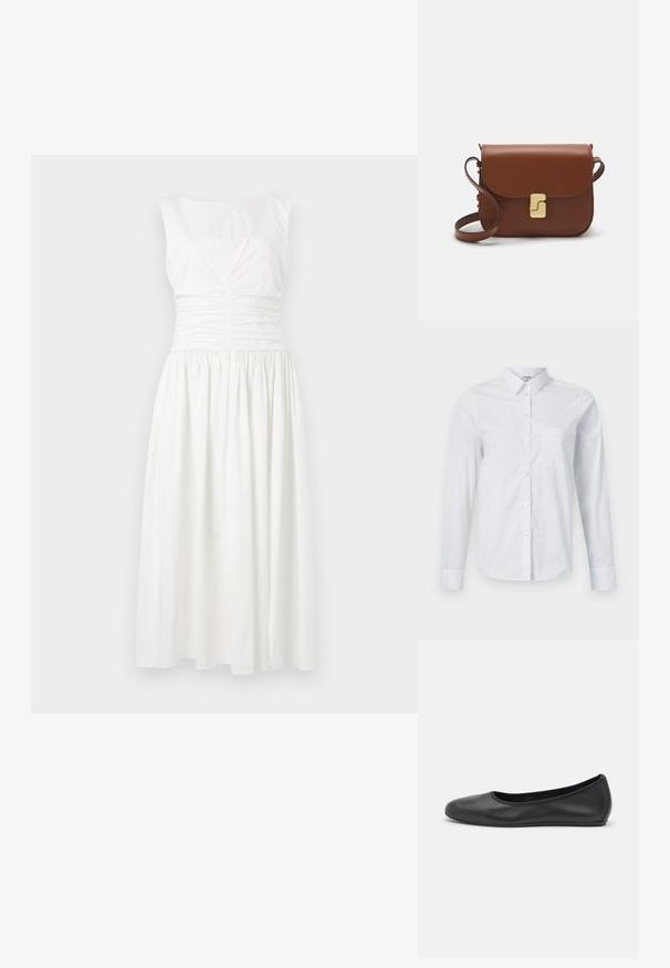 Balta be rankovių suknelė su surinkta liemenėle, lygiuoju paviršiumi ir laisvai krentančia sijona, kuris siekia iki pusės blauzdos.; Balta ilgomis rankovėmis marška, pagaminta iš medvilnės. Su mygtukų užtrauktuku priekyje, smailiu apykakle ir krūtine kišene kairėje pusėje.; Juodai odiniai baletai su apvaliu pirštu, lygi texture, minimalus siuvimo detales ir lanksčiu padų dizainu.; Ruda odinė rankinė su uždaromu dangteliu, aukso spalvos detalėmis, petneša ir lygiu paviršiumi. Kompaktiška stačiakampio formos.