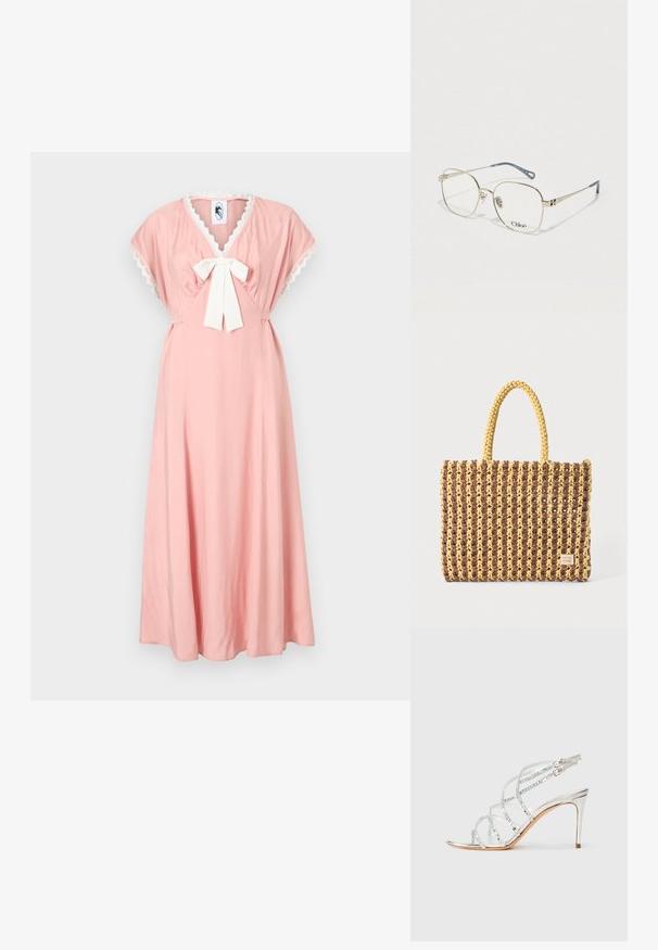 Robe rose avec un décolleté en V, des manches courtes en forme de cape et un détail en nœud blanc au niveau de la poitrine. Elle possède une bordure en dentelle le long de l'encolure. Tissu doux.; Sandale à talon haut argent métallique avec des brides entrecroisées, accents transparents et un design élégant à bout pointu. Boucle de cheville réglable.; Lunettes carrées avec une fine monture en métal doré, des verres transparents et une branche accentuée de bleu. Présente des détails de logo sur la monture.; Sac tissé marron et jaune, de forme rectangulaire, avec deux poignées, et une finition texturée avec des coutures visibles et une étiquette de marque.