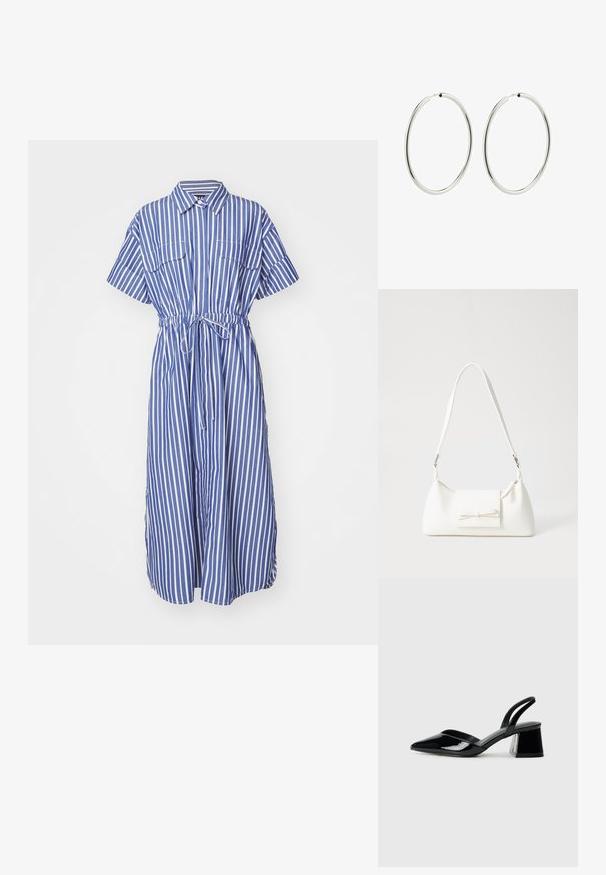 GAP CUTOUT MIDI SHIRTDRESS - Kreklkleita - blue; Melna lakota āda ar atvērto papēdi, ar smailu purngalu un ģeometrisku blokpapēdi. Iezīmējas elegants, minimāls dizains un gluda tekstūra.; Balta sintētiska soma ar trīsstūrveida formu, plakanu priekšējo vāciņu un loku detaļu, regulējamu siksnu, gludu tekstūru un minimālistisku dizainu.; Sudraba riņķa auskari ar gludu, pulētu apdari. Apaļa forma, vienāda platuma, izstrādāti vieglai aizdarei. Vienkārši un eleganti.