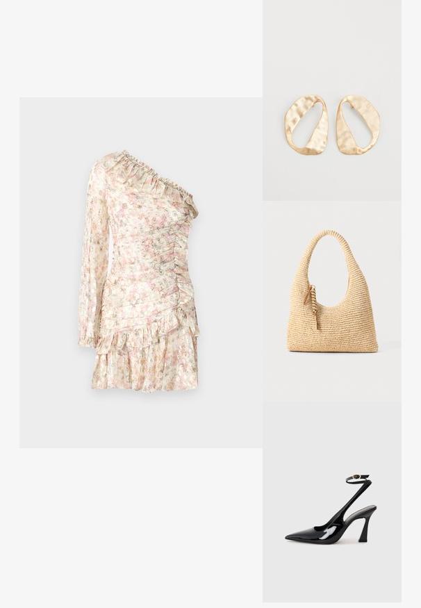 Ziedu raksta kleita caurspīdīgā, vieglā audumā ar plecus atsedzošu dizainu, reibinošiem akcentiem un pakāpenisku apakšmalu maigos pasteļtoņos.; Melnas patentā ādas augstpapēžu kurpes ar norādītu purngalu, regulējamu potītes siksniņu un mērenu bloku papēdi. Gluda tekstūra ar spīdīgu apdari.; Auduma bēšs rokassomu ar izliekto rociņu, strukturētu virsmu un brūna pušķa detaļu. Iespējama vaļīga, hobo forma.; Pāris neregulāras ovālas formas zelta toņos metāla auskaru ar teksturētu, nedaudz sitētu virsmu uz baltas fona.