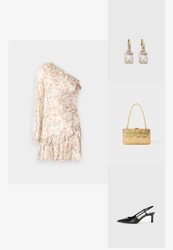 Vestido floral de ombro único em tecido leve, com folhos, manga comprida, detalhes franzidos e bainha em camadas em tons pastel.; Salto slingback em patente preta com bico apontado, apresentando um padrão de pele de cobra texturizado, tira ajustável e um salto bloco curto e texturizado.; Clutch dourada em lantejoulas com formato retangular, apresentando uma alça de corrente torcida e um fecho de metal, refletindo a luz com um acabamento texturizado.; Brincos em tom de ouro com um cristal retangular claro pendurado abaixo de uma linha de pequenos acentos redondos claros. Design elegante e moderno.