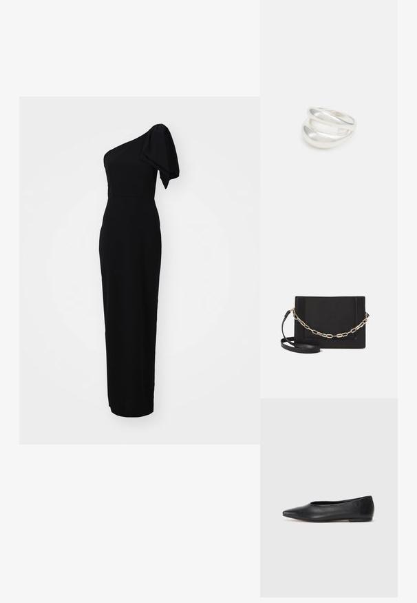 Musta, vartalonmyötäinen mekko, jossa on epäsymmetrinen yksiolkaimellinen muotoilu ja puffi hiha. Valmistettu sileästä kankaasta, lattiaan ulottuva.; Musta nahkainen ballerinatyyppinen kenkä, terävä kärki, minimalinen muotoilu, sileä pinta, matala korko, ei näkyvää metalliosaa tai koristeita.; Musta nahkainen olkalaukku, jossa on sileä pinta, suorakulmainen muoto ja metalliketju yksityiskohtana edessä. Mukana säädettävä hihna.; Hopeinen kaksinkertainen rengas, jossa on sileä, kiillotettu pinta. Siinä on sulava, kaareva muotoilu, jossa on päällekkäisiä osia modernin ilmeen saavuttamiseksi.