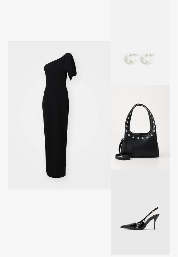 Svart, figurnära klänning med en asymmetrisk design på ena axeln och detalj med puffärmar. Tillverkad av ett slätt material och är golvlång.; Svarta slingback-högklackade skor i lackläder med spetsig tå, tunn klack och dekorativa spännen i guldfärg på remmarna.; Svart strukturerad läderväska med silverfärgade nitar längs den övre kanten och handtagen, med ett kort handtag och ett avtagbart band.; Silverfärgade örhängen i en vriden ringdesign, med en texturerad yta och ribbad dekor, som fästs med en postklämma.