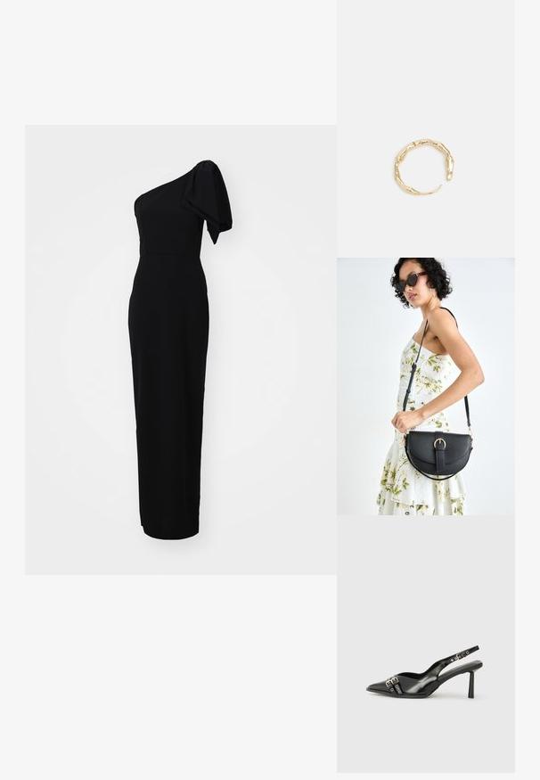 Čierna, priliehavá šaty s asymetrickým dizajnom na jedno rameno a detailom v podobe nariasenej rukávu. Vyrobené z hladkej látky, dlhé až po zem.; Čierne lakované kožené slingback topánky s špicatou špičkou, remienkami okolo členku s striebornými prackami a hardvérom, a štíhlým podpätkom.; Čierna kožená kabelka s zaobleným tvarom, odnímateľným popruhom a zlatými doplnkami. Kabelka má klopu s detailom s prackou.; Prsteň v zlatej farbe s organickým, skrúteným dizajnom, hladkým povrchom a zužujúcimi sa koncami, vytvárajúci moderný, sochársky vzhľad.