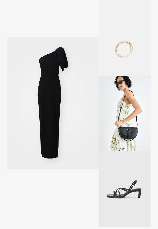 Čierna, priliehavá šaty s asymetrickým dizajnom na jedno rameno a detailom v podobe nariasenej rukávu. Vyrobené z hladkej látky, dlhé až po zem.; Čierne sandále na vysokom podpätku so štvorcovou špičkou a nízkym blokovým podpätkom. Obsahujú viacero tenkých popruhov a nastaviteľný členkový popruh. Vyrobené z hladkej kože.; Čierna kožená kabelka s zaobleným tvarom, odnímateľným popruhom a zlatými doplnkami. Kabelka má klopu s detailom s prackou.; Prsteň v zlatej farbe s organickým, skrúteným dizajnom, hladkým povrchom a zužujúcimi sa koncami, vytvárajúci moderný, sochársky vzhľad.
