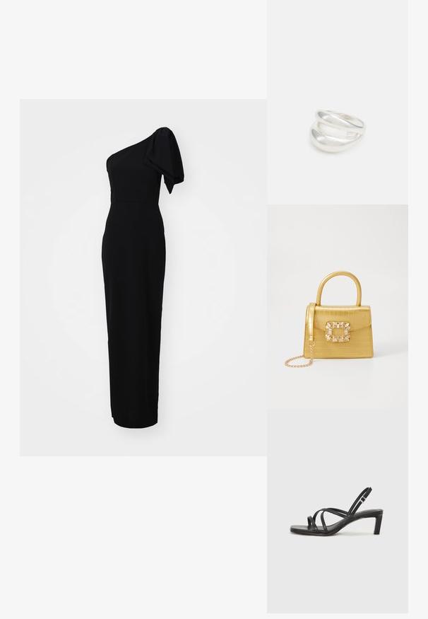 Czarna, dopasowana sukienka z asymetrycznym projektem na jedno ramię i detalem bufiastej rękawki. Wykonana z gładkiego materiału, długość do podłogi.; Czarne sandały na obcasie z prostokątnym noskiem i niskim słupkowym obcasem. Posiadają wiele cienkich pasków i regulowany pasek na kostkę. Wykonane z gładkiej skóry.; Żółta torebka z faux-krokodylka o wyrafinowanej konstrukcji, z górnym uchwytem, odpinanym łańcuszkiem oraz dekoracyjnym kryształowym zdobieniem na zapięciu.; Srebrna obrączka podwójna z gładką, polerowaną powierzchnią. Posiada płynny, zakrzywiony kształt z nakładającymi się sekcjami, co nadaje nowoczesny wygląd.