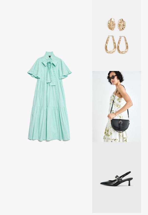 Vestido verde menta, até ao joelho, feito de tecido leve com colarinho alto em babados, detalhe de laço e mangas curtas com babados.; Saltos slingback em verniz preto com bico pontiagudo e um pequeno salto bloco, apresentando um detalhe de fivela prateada na tira.; Bolsa de couro preta com forma curva, alça destacável e detalhes em dourado. A bolsa possui uma aba com detalhe de fivela.; Brincos em tom de ouro com formas onduladas e texturizadas. Inclui studs escultóricos com presilha e um design de argola aberta com um acabamento martelado.