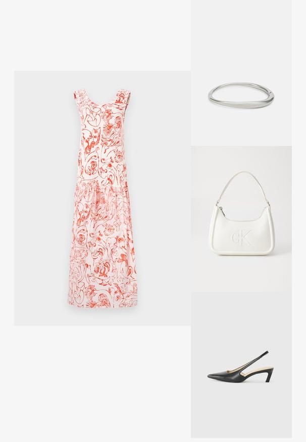 Sukienka w kwiatowy wzór w jasnoróżowym kolorze z czerwonymi wzorami, z dekoltem w serek i falbaniastymi ramiączkami, opadająca do zgromadzonego brzegu.; Czarny but na obcasie typu slingback z ostro zakończonym noskiem, z niskim obcasem, wykonany z gładkiej skóry, z wycięciem po boku dla lepszej wentylacji.; Biała skórzana torebka o zaokrąglonym kształcie, z wytłoczonym logo "CK" z przodu i pojedynczym paskiem na ramię. Zapięcie na zamek z góry.; Srebrna metalowa bransoletka o gładkim, zaokrąglonym kształcie. Posiada smukły profil i subtelny grawer marki "Calvin Klein" wewnątrz.