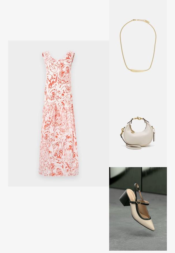 Bloemdruk jurk in lichtroze met rode designs, met een ronde hals en schouderbanden met ruches, die vloeiend naar een geraffineerde zoom loopt.; Beige puntige slingback schoen met zwarte rand, gouden gesp en een chunky blokhak op een grijze vloer met een donker groene achtergrond.; Crème leren handtas met een halve maan vorm, gouden hardware, zwarte accenten en een afneembare schouderband. Heeft een kettingdetail en label.; Gouden ketting met een gladde, gebogen centrale accenten. Beschikt over een flexibele ketting met een kreeftsluiting en extra verstelbare schakels.
