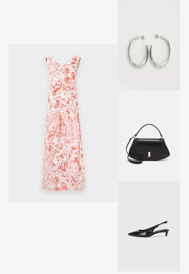 Blumenmusterkleid in Hellrosa mit roten Designs, ausgestattet mit einem Rundhalsausschnitt und gerüschten Schulterträgern, die bis zu einem gerafften Saum verlaufen.; Schwarze Leder-Slingback-Pumps mit spitzem Schuhblatt, ausgestattet mit einem schlanken Absatz und einem goldfarbigen Akzent am verstellbaren Riemen. Glatte Textur.; Schwarze Lederhandtasche mit einem strukturierten Design, das eine verkürzte Form, einen oberen Griff und goldfarbene Hardware-Details aufweist. Verstellbarer Schulterriemen ist enthalten.; Silberne Creolen mit einem glatten, geschwungenen Design. Mit einem glänzenden metallischen Finish und Steckverschluss. Keine sichtbaren Muster oder Akzente.