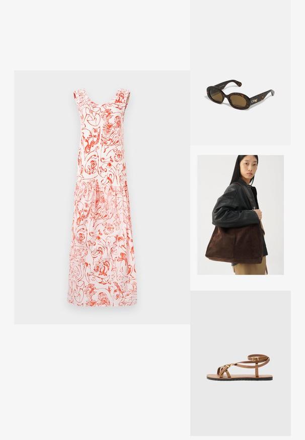 Blomstret kjole i lyserød med røde mønstre, med rund halsudskæring og volang skulderstropper, der flyder ned til en samlede nederste kant.; Brune lædersandal med tynde stropper, der har en guldfarvet spænde og flad sort sål med zigzag kant.; Skildpaddemønstret solbriller med ovale stel, brune tonede glas og "Chloé" branding på siden. Glat plastmateriale med blank overflade.; Brun ruskind tote taske med en bred form og blød tekstur, der har en enkelt strop og minimal hardware mod en neutral baggrund.