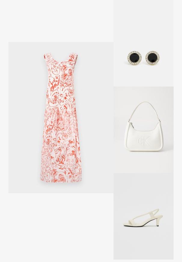 Blumenmusterkleid in Hellrosa mit roten Designs, ausgestattet mit einem Rundhalsausschnitt und gerüschten Schulterträgern, die bis zu einem gerafften Saum verlaufen.; Beige Blockabsatzsandalen mit dünnen Riemen und quadrater Spitze. Glattes Material mit minimalem Design, entworfen für einfaches Tragen.; Weiße Lederhandtasche mit abgerundeter Form, ausgestattet mit einem geprägten "CK"-Logo auf der Vorderseite und einem Einzel-Schultergurt. Reißverschluss oben.; DKNY INLAY STUD - Ohrringe - black/gold-coloured