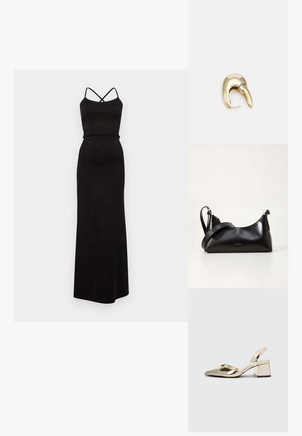 Vestido maxi preto com tiras finas cruzadas, corpete justo e tecido liso e elástico. Silhueta até ao chão com um design minimalista.; Sapatos de salto alto metálicos dourados, com biqueira em ponta e salto grosso. Textura suave, design minimalista e uma tira estreita.; Mala de mão preta em pele com uma textura suave. Apresenta uma alça ajustável e um design elegante e minimalista com fecho em zíper.; Brinco em metal dourado com um design elegante e curvo. Apresenta uma forma pontiaguda distinta, superfície polida e fecho por dobradiça.