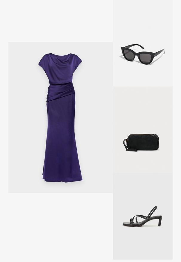 Halston LISSANDRA GOWN - Alkalmi viselet - purple; Fekete pántos szandál négyzetes orral és alacsony blokk sarkal. Több vékony pánttal és állítható boka pánttal rendelkezik. Sima bőrből készült.; Fekete macskaszem napszemüveg matt felülettel, szürke árnyalatú lencsékkel, éles vonalakkal és karcsú oldalsó karokkal. A márkaneve látható a belső karon.; Fekete velúr kisestély tasak cipzárral és levehető csuklópánttal. Aranyszínű hardware-rel és sima, matt textúrával rendelkezik.