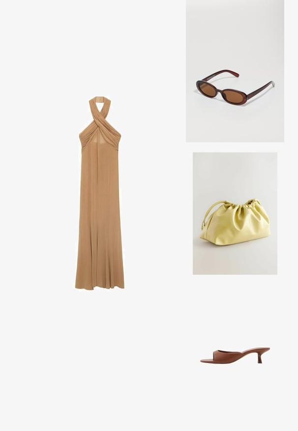 Rochie cu gât halter dintr-un material bej moale, cu detalii pliate la guler și un design curgător, cu lungime până la podea.; Mule-uri cu toc deschis, de culoare maro, cu un finisaj neted și mat, având un design curbat și un toc transparent, conic.; Ochelari de soare rotunzi, cu nuanțe de brown și cu un cadru lucios de burgund. Brațe subțiri cu detalii subtile de branding. Design cu lentile plate.; Next Geantă plic - yellow