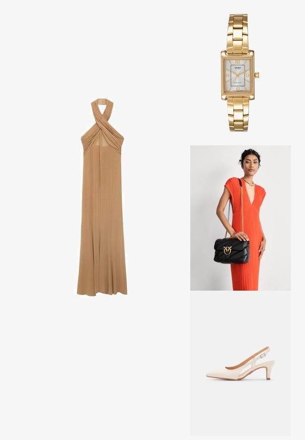 Halterska haljina od mekog bež materijala, s nabranim detaljima oko izreza i lepršavim, haljinu do poda.; Bijela slingback peta s oštrim vrhom, glatkim gornjim materijalom, niskom blok peta te dizajnom s bočnim izrezom i podešivom kopčom.; Crna kožna torba s prošivenim uzorkom, zlatnim detaljima i naramenicom od lanca. Model je drži uz teksturiranu narančastu haljinu.; Zlatni pravokutni ručni sat s bijelim brojčanikom, srebrnim oznakama sati i dugotrajnom metalnom narukvicom. Uključena značajka vodootpornosti.