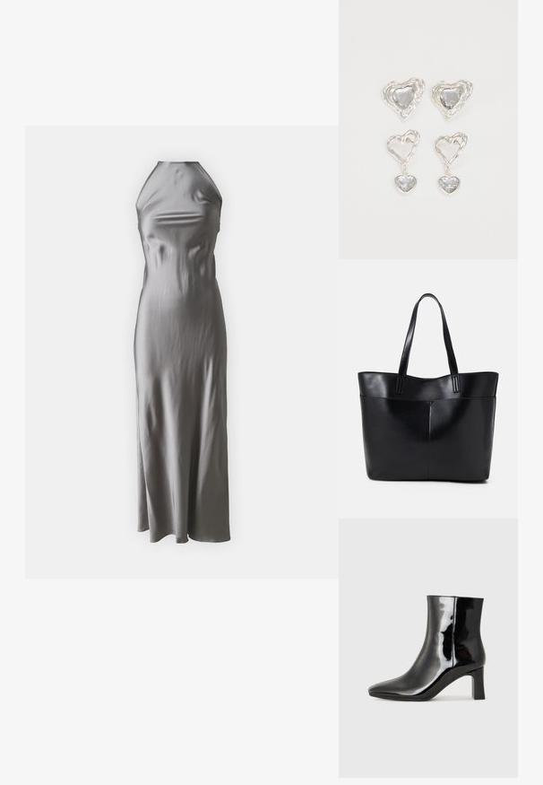 Vestido halter de seda prata com corpete ajustado, saia longa e fluida, textura suave e design minimalista.; Botim de tornozelo em pele sintética preta com bico apontado e salto bloco de altura média. Textura suave e design minimalista.; Bolsa tote preta em couro com duas alças longas, textura suave e forma estruturada. Apresenta um bolso frontal para armazenamento adicional.; Os brincos em forma de coração prateados apresentam pedras claras facetadas, com uma moldura texturizada. O conjunto inclui estilos de botão e de gota.