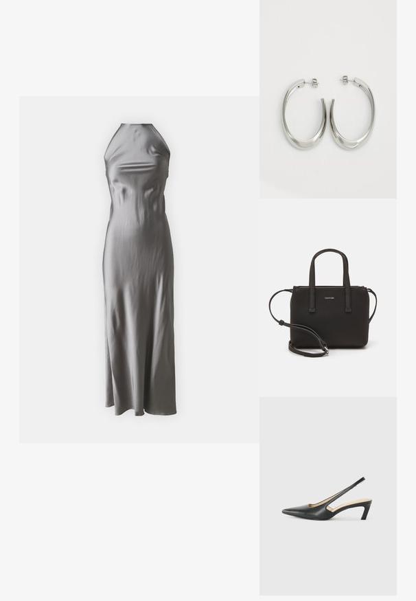 Saténové strieborné šaty s holými ramenami, priliehavým korzetom, splývavou dlhou sukňou, hladkou textúrou a minimalistickým dizajnom.; Čierne slingback topánky s ostrou špičkou a nízkym opätkom, vyrobené z hladkej kože a s výrezmi na boku pre lepšiu priedušnosť.; Čierna kabelka s dvojitými krátkymi rúčkami a odnímateľným ramenným popruhom. Hladký materiál podobný koži s uzatváraním na zips a detailom loga.; Strieborné kruhové náušnice s hladkým, zakriveným dizajnom. Majú lesklý kovový povrch a zapínanie na kolík. Žiadne viditeľné vzory ani akcenty.