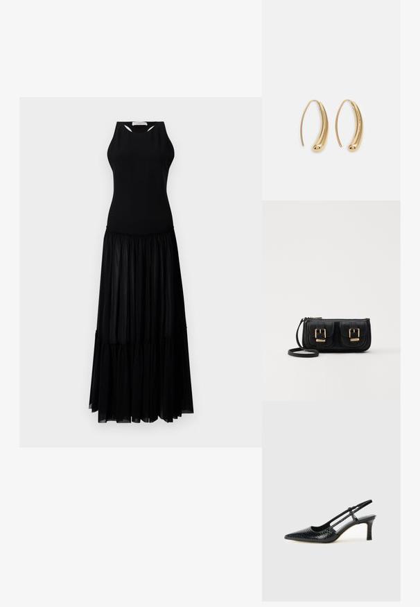Črna obleka z brezrokavnim vrhom in izrezanimi detajli, tiered krilo iz lahkega, tekočega materiala.; Črne lakaste slingback pete s koničastim nosom, ki imajo teksturiran vzorec kačje kože, nastavljiv trak in kratek teksturiran blok peto.; Črna usnjena torbica čez ramo z dvema sprednjima žepoma, zlatimi zaponkami, zadrgo in ozkim pasom. Tekstura površine je strukturirana, obliko pa ima kompaktno pravokotno.; Zlato-tonirani kovinski uhani v obliki obroča s krivuljo in podolgovato obliko. Imajo gladko, sijočo površino in zaobljen vrh za dodaten detajl.