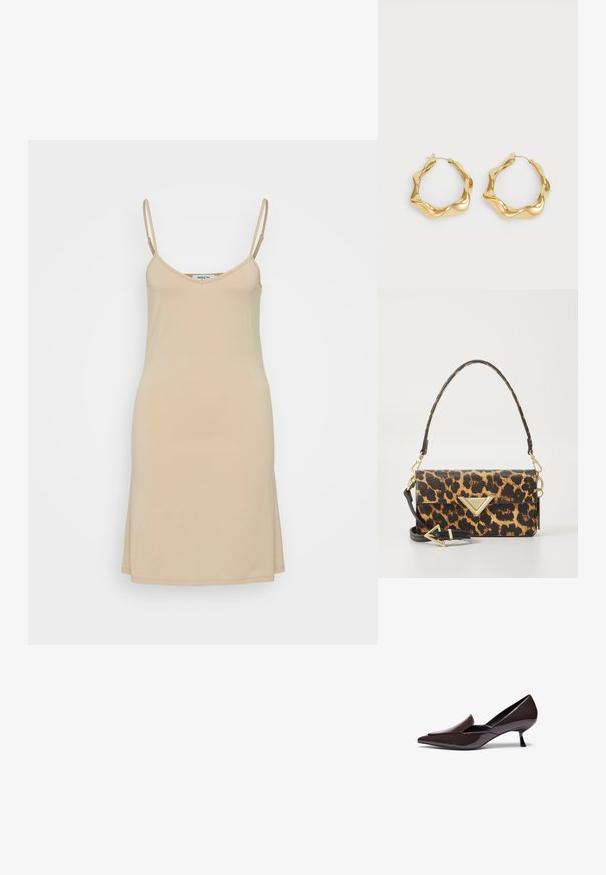 Nude-värinen liukuhame, jossa on ohuet strapsit, V-aukko ja suora leikkaus. Valmistettu sileästä, kevyestä kankaasta, yksinkertainen muotoilu.; Korkeakorkoiset tummanruskeat patenttinit jalat, joissa on matala stiletto-korko ja sulava siluetti, jossa on hieman kohotettu varvasosa.; Käsilaukku leopardikuosisessa teksturoidussa keinonahassa, jossa on kultaiset kolmionmuotoiset yksityiskohdat ja irrotettava olkahihna.; Kultaiset rengaskorvakorut, joissa on aaltoileva, teksturoitu muotoilu. Varustettu ohutlangalla kiinnityksellä ja kiiltävällä, heijastavalla pinnalla.