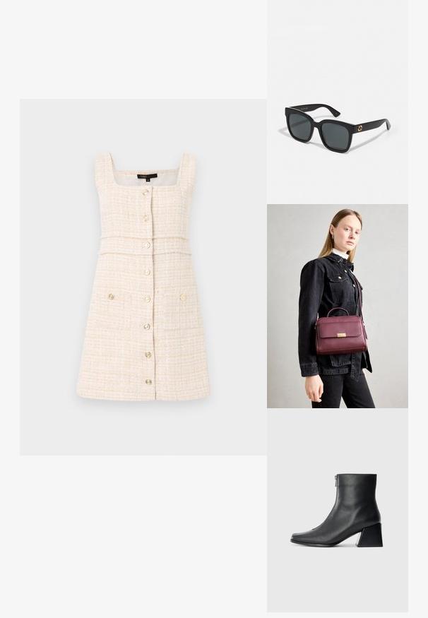 Kremfarget kjole laget av teksturert stoff. Har firkantet utringning, knappelukking foran, og to frontlommer med dekorative knapper.; Sorte skinnankelsko med firkantet tå, glidelås på siden og blokkhæl mot en vanlig lys bakgrunn.; Sorte solbriller med rektangulære linser, som har en blank overflate og gulllogo aksenter på brillestengene. Mørkegrå linser gir UV-beskyttelse.; Burgunderrød lærveske med gullklips, strukturert form, topphåndtak og justerbar skulderstropp. Modellen har på seg en denimjakke.