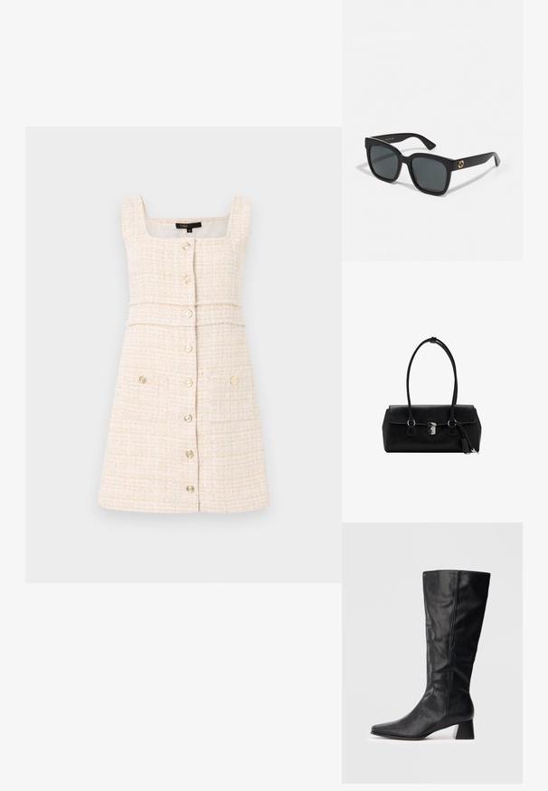 Krémové šaty vyrobené z texturovaného materiálu. Mají čtvercový výstřih, přední zapínání na knoflíky a dvě přední kapsy s dekorativními knoflíky.; Černá kožená botka do poloviny lýtek s špičatou špičkou a blokovým podpatkem na jednoduchém světlém pozadí.; Černé sluneční brýle s obdélníkovými skly, s lesklým povrchem a zlatými logovými akcenty na nožkách. Temně šedá skla poskytují UV ochranu.; Černá kožená kabelka s hladkým povrchem, strukturovaným designem, dvojitými uchy a stříbrným kováním ve středu.