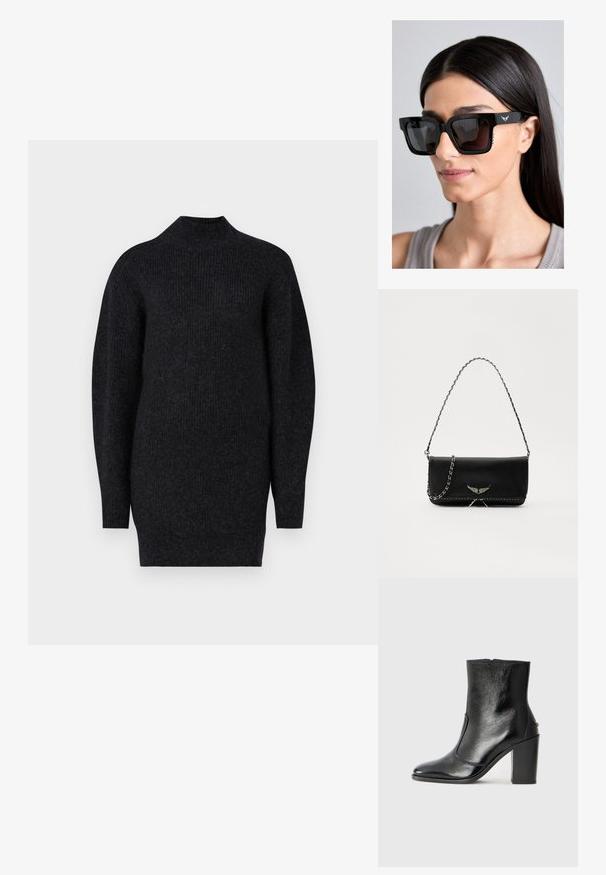 Juoda raukinėta suknelė su aukštu kaklu ir ilgomis rankovėmis. Audinys atrodo minkštas, su šiek tiek tekstūruotu paviršiumi.; Juodas odinis kulkšninis batas su lygiu paviršiumi, smailiu pirštu ir masyviu aukštu kulnu. Savybė - šoninis atidarymas ir minimalistiškas dizainas.; Juodos didelės saulės akiniai su kvadratiniais rėmeliais, tamsiais lęšiais ir subtiliu sparno logotipo detalės ant šoninės dalies. Šonuose yra reljefiniai akcentai.; Juodas odinis delninukas su sidabro spalvos grandinele, papuoštas dekoratyviniais sparnų akcentais ir balta siūle apačioje.