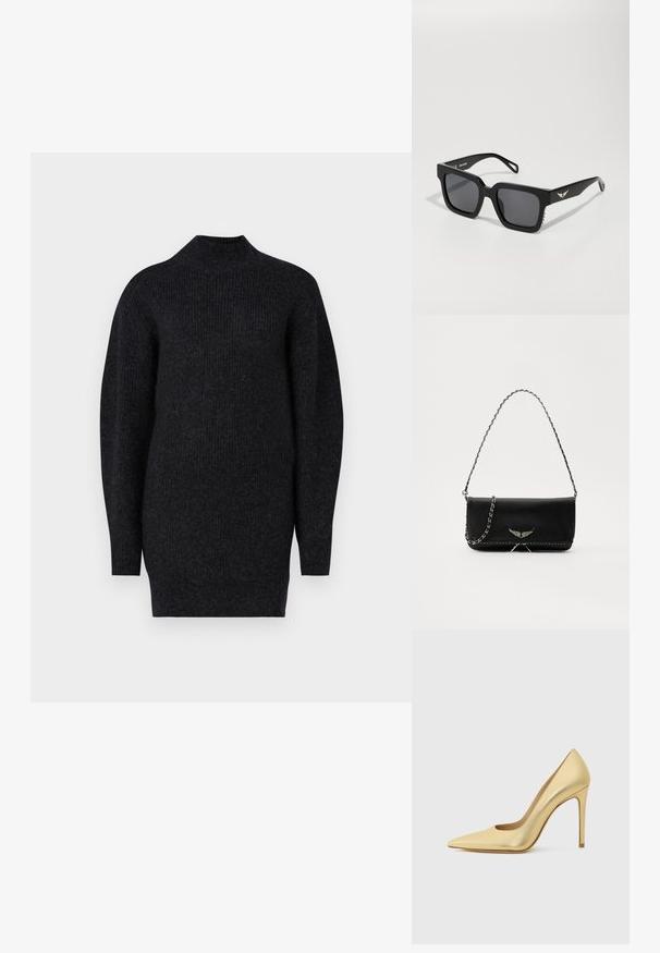 Robe pull côtelée noire avec un col montant et des manches longues. Le tissu semble doux avec une finition légèrement texturée.; Chaussure à talon aiguille dorée en métal, à bout pointu, vue de côté sur un fond clair.; Lunettes de soleil noires en forme de carré avec des verres foncés, monture en plastique lisse et accents subtils en forme d'aile sur les tempes.; Sac à main en cuir noir avec une bandoulière en chaîne argentée, présentant des accents décoratifs en forme d'ailes et des coutures blanches le long de la couture inférieure.