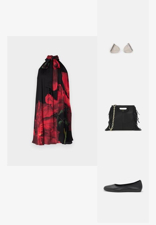 Alice + Olivia Vestito elegante - bright ruby; Pantofole da balletto nere in pelle con punta arrotondata, texture liscia, dettagli di cucitura minimi e design con suola flessibile.; Borsa a tracolla in pelle nera con dettagli a frangia, catena dorata e manico ritagliato. Presenta il logo sulla parte anteriore.; Orecchini in metallo argentato con forma a goccia liscia e finitura lucida. Incisioni sottili aggiungono dettagli. Design minimalista.