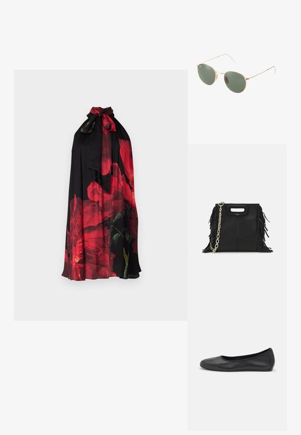 Alice + Olivia Robe de soirée - bright ruby; Ballerines en cuir noir avec un bout rond, texture lisse, détails de couture minimalistes et design de semelle flexible.; Lunettes de soleil avec monture en métal doré, verres verts, forme ronde, branches fines et accents en plastique blanc aux extrémités des branches.; Sac à main en cuir noir avec des détails en franges, chaîne dorée pour l'épaule et une poignée découpée. Présente le logo sur le devant.